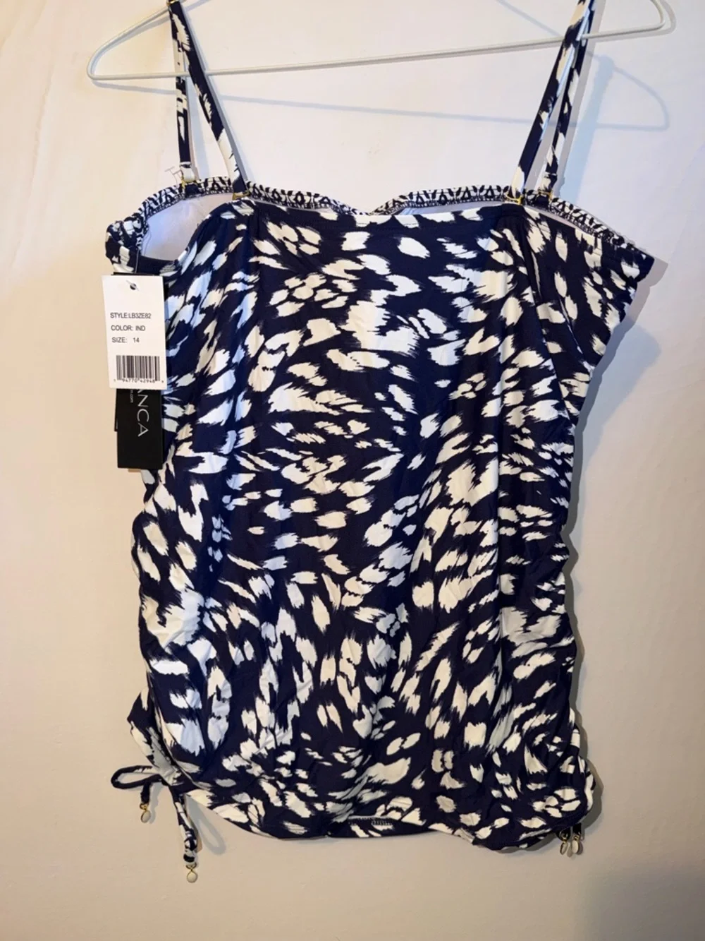 La Blanca Navy & White Printed Tankini Top with Adjustable Straps NWT size 14 - Picture 5 of 7